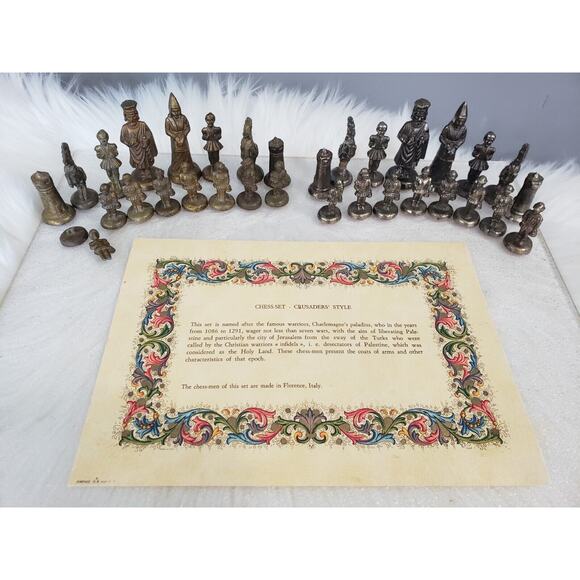 CHARLEMAGNE CRUSADES Chess Pieces Set Nickel & Bronze Firenze Italy vintage rare - Picture 1 of 16
